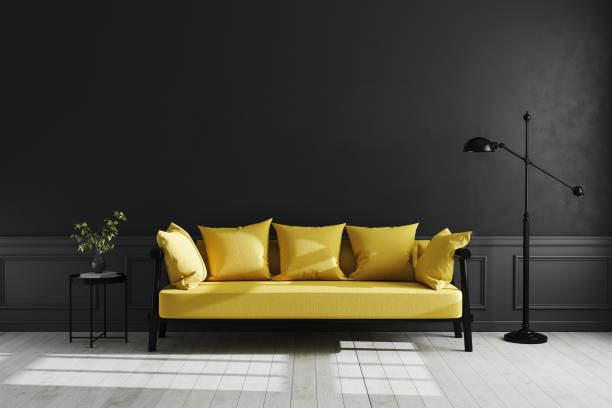 istock Luxury dark living room interior background, black empty wall mock up, modern living room with yellow sofa and black lamp and table, bright colors interior, scandinavian style, 3d rendering 1209669421