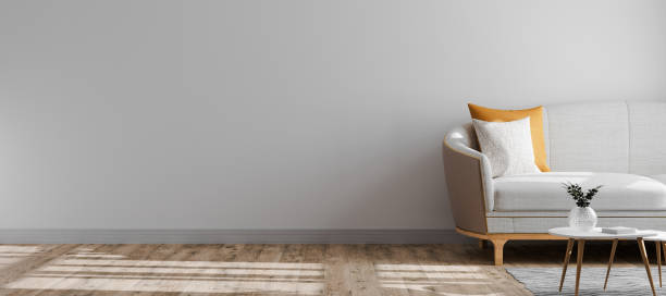 istock Bright and modern interior background, wall mock up, scandinavian style interior, empty wall mockup, white sofa in empty room, 3d rendering 1209669422