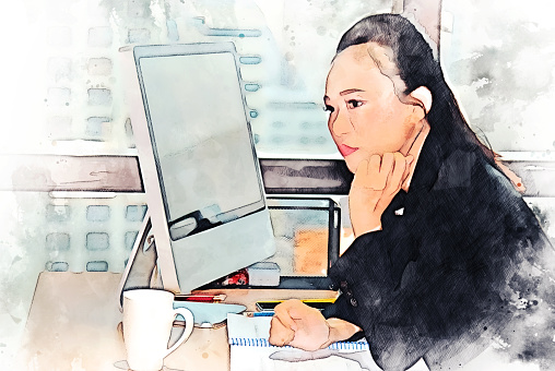 Abstract colorful business Asia woman working and discuss on watercolor illustration painting background.