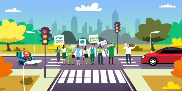 aktywiści ekologiczni na rozdrożu trzymając plakaty go green save planet protestujących koncepcji kampanii w celu ochrony ziemi demonstrując przed globalnym ociepleniem pejzaż miejski na całej długości poziomej - recycling symbol audio stock illustrations