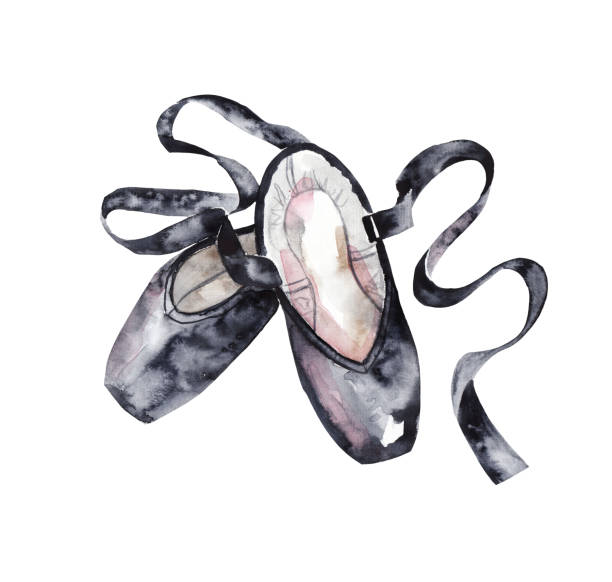 Black pointe shoes. Ballet shoes. Watercolor illustration Black pointe shoes. Ballet shoes. Watercolor illustration on white isolated background ballerina shoes stock illustrations