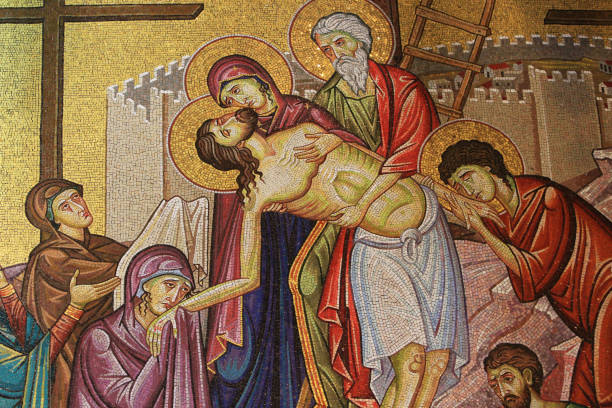 Jesus down from the cross. Detail of mosaic art which depicts the burial of Jesus. Holy Sepulcher Church. Jerusalem. Israel. Near East. Middle East. Israel. Jerusalem. 05/12/2013. This colorful image depicts Jesus down from the cross. Detail of mosaic art which depicts the burial of Jesus. Holy Sepulcher Church. 4th century. flower stigma photos stock pictures, royalty-free photos & images