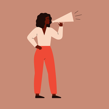 A young woman speaks into a megaphone. A strong girl agitator is calling for something. A female character shouts into a loudspeaker to protest. vector illustration