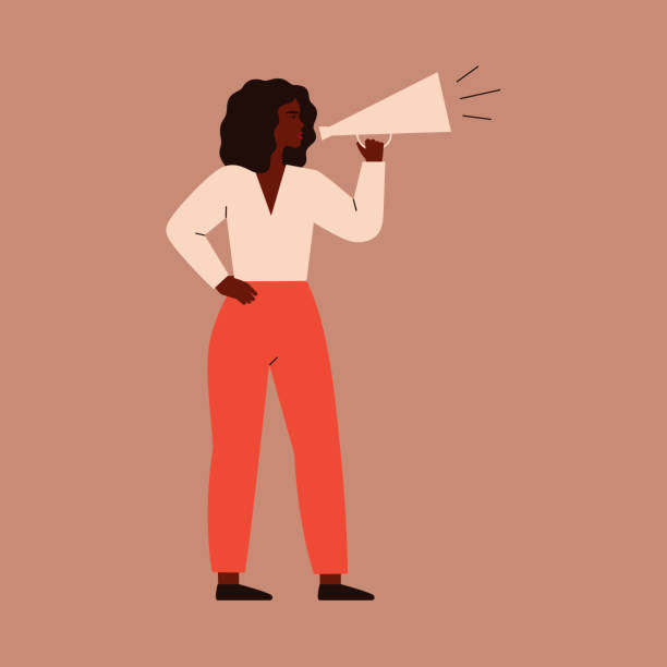 A young woman speaks into a megaphone. A young woman speaks into a megaphone. A strong girl agitator is calling for something. A female character shouts into a loudspeaker to protest. vector illustration shouting illustrations stock illustrations