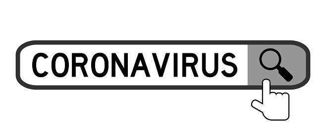 Word Coronavirus (code COVID-19) in search box with hand icon over magnifier on white background