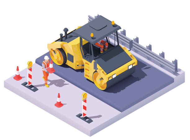 Vector isometric road roller at road construction site Vector isometric road roller at road construction site. Asphalt paving process, repair and maintenance. Vibration roller and workers building new road, traffic cones and signs Driveway stock illustrations