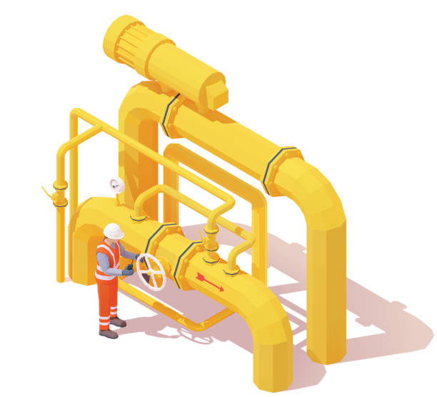 Vector isometric gas or oil production operator opens pipeline valve Vector isometric gas or oil production operator opens pipe valve. Yellow oil or gas pipes, manometer, valves, operator in workwear to open or close pipeline valve. Opening or closing pipeline valve gasoline illustrations stock illustrations