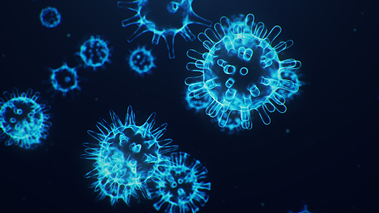 3D illustration Coronavirus concept under the microscope. Human cells, the virus infects cells. Epidemic, pandemic affecting the respiratory tract. Fatal viral infection.