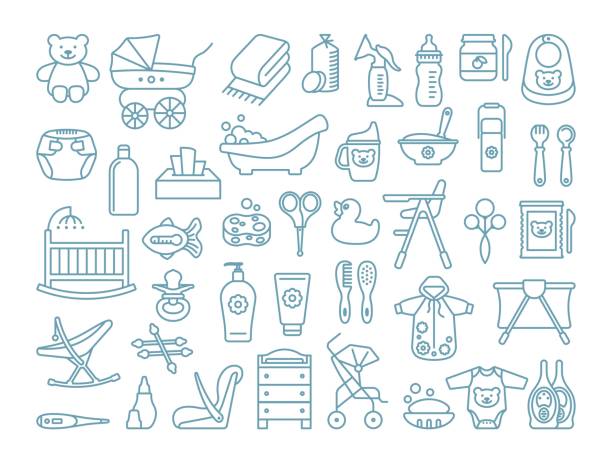 Feeding, bathing and baby care. Set of linear icons. Clothing, furniture, equipment and accessories Feeding, bathing and baby care. Set of linear icons. Clothing, furniture, equipment and accessories baby goods stock illustrations