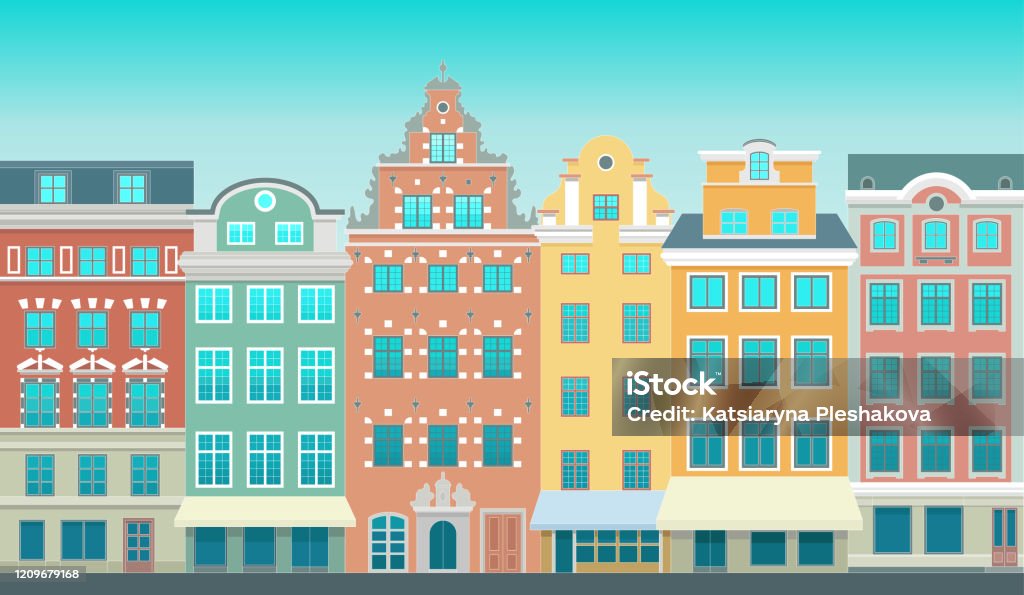 Färgstarka gamla stan i Stockholm - Stortorget plats i Gamla stan. Stiliserad platt mycket detaljerad illustration av en gammal europeisk stad - Royaltyfri Stockholm vektorgrafik