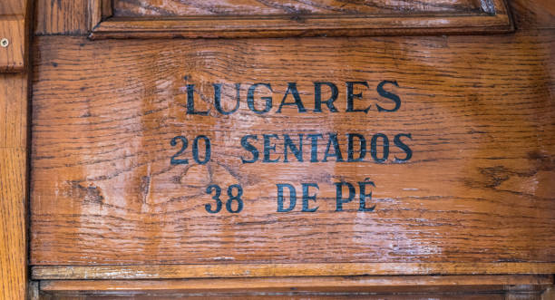 Wooden sign inside a Portuguese tram