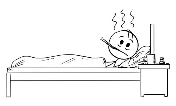 Vector Cartoon Illustration Of Sick Man With Illness Of Flu Or Cold Lying  In Bed Stock Illustration - Download Image Now - iStock