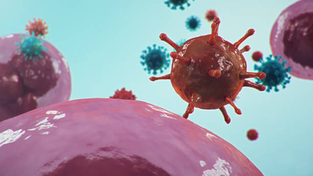 ilustración 3d concepto coronavirus bajo el microscopio. células humanas, el virus infecta las células. epidemia, pandemia que afecta el tracto respiratorio. infección viral fatal. - dna epidemiology patient science fotografías e imágenes de stock