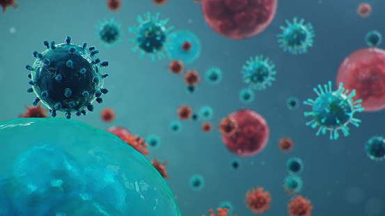 Brote de gripe china - llamado Coronavirus o 2019-nCoV, que se ha extendido por todo el mundo. Peligro de pandemia, epidemia de humanidad. Células humanas, el virus infecta las células. Ilustración 3d photo