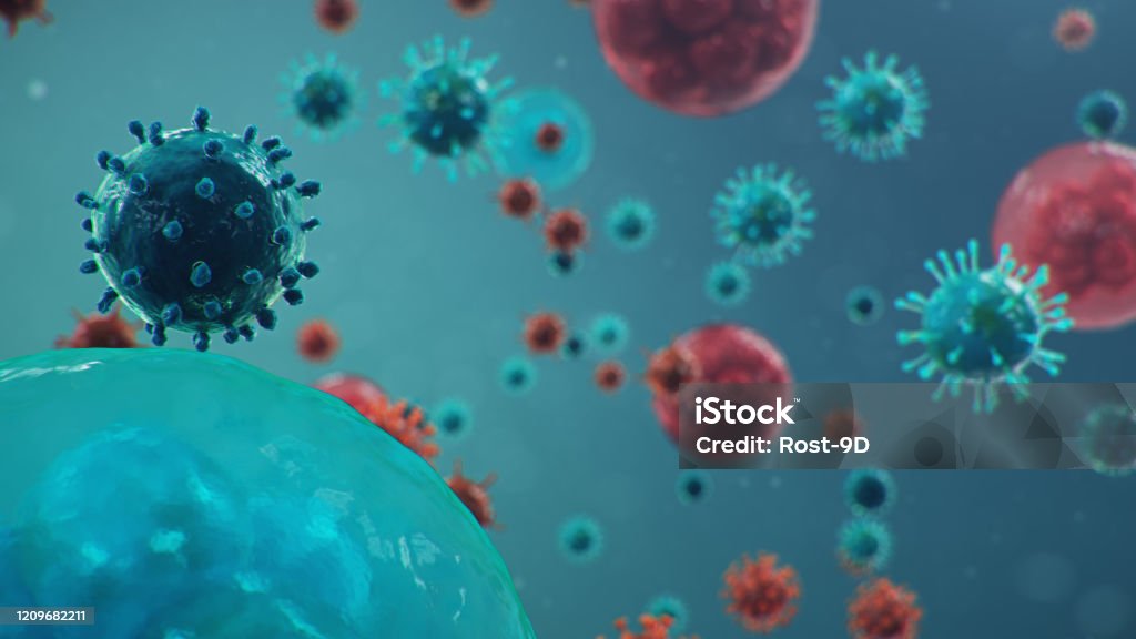 Outbreak of Chinese influenza - called a Coronavirus or 2019-nCoV, which has spread around the world. Danger of a pandemic, epidemic of humanity. Human cells, the virus infects cells. 3d illustration COVID-19 Stock Photo