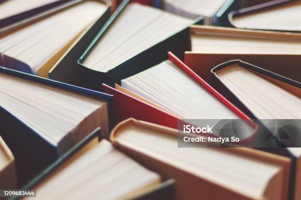 Many Hardbound Books Background Selective Focus Stock Photo - Download Image Now - Book, Library, Reading
