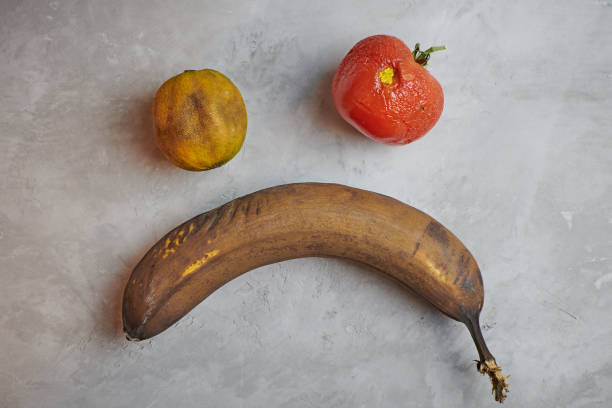 hässliches essen. verdorbene produkte liegen auf einem grauen betonhintergrund. ansicht von oben. - rotting banana vegetable fruit stock-fotos und bilder