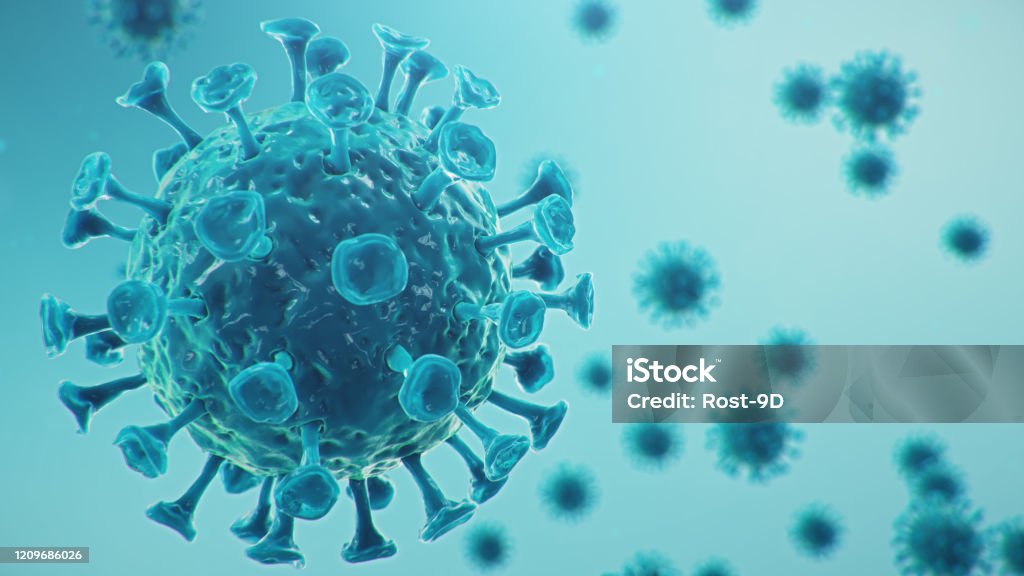 Ausbruch der chinesischen Influenza - genannt ein Coronavirus oder 2019-nCoV, die sich auf der ganzen Welt ausgebreitet hat. Gefahr einer Pandemie, Epidemie der Menschheit. Nahaufnahmevirus unter dem Mikroskop. 3D-Illustration - Lizenzfrei Virus Stock-Foto