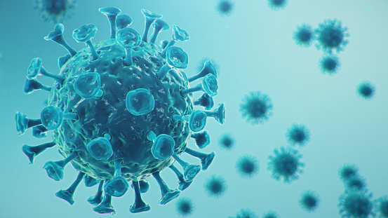 Outbreak of Chinese influenza - called a Coronavirus or 2019-nCoV, which has spread around the world. Danger of a pandemic, epidemic of humanity. Close-up virus under the microscope. 3d illustration