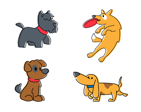 Set of Cute Dogs Different Breeds Isolated on White Background. Pets, Group of Domestic Animals Walking, Sitting, Jumping Catching Toy. Funny Cartoon Characters, Flat Vector Illustration, Line Art
