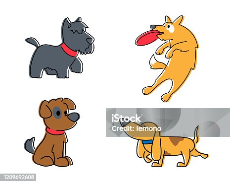 istock Set of Cute Dogs Different Breeds Isolated on White Background. Pets, Group of Domestic Animals Walking, Sitting, Jumping Catching Toy. Funny Cartoon Characters, Flat Vector Illustration, Line Art 1209692608