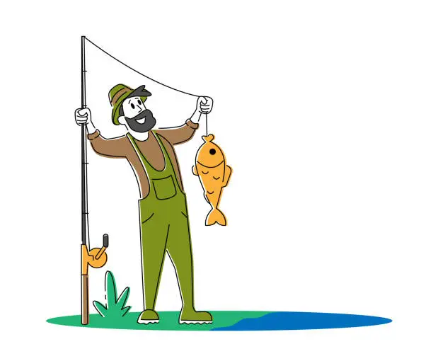 Vector illustration of Fisherman Holding Rod Showing Fish he Caught. Fishing, Outdoor Relaxing Summertime Hobby. Fishman Have Good Catch. Summer Time Leisure, Active Spending Time. Cartoon Flat Vector Illustration, Line Art