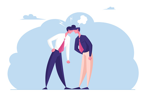 Two Business Men Enemies or Opponents Standing Head to Head Arguing and Staring at Each Other. Work Conflict Between Colleagues or Office Workers. Fight for Leadership Cartoon Flat Vector Illustration