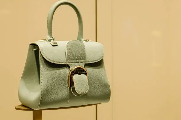 Photo of vintage style grey green color women handbag display on shelf