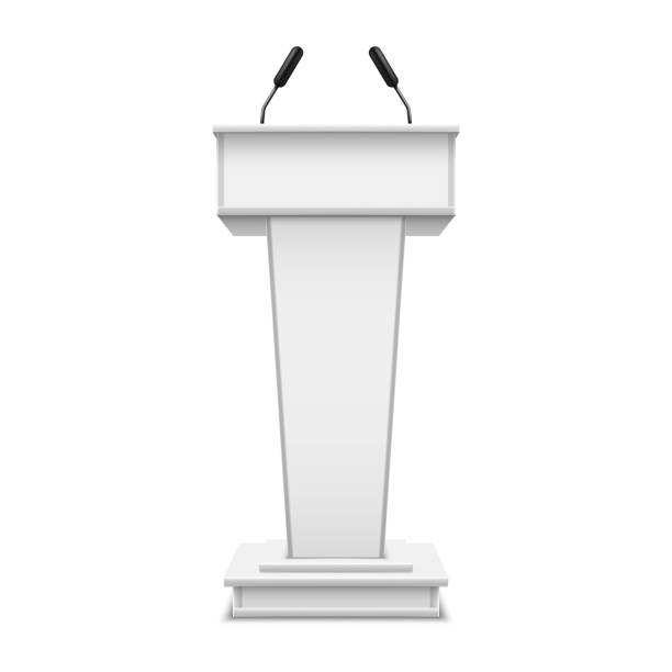 istock White realistic podium with microphone or pulpit with mic, debate tribune or speech rostrum. Platform for conference speaker or press, lecture or seminar, presentation, communication. Grandstand 1209695209