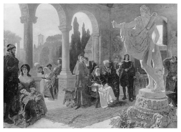 Pope Julius II with Michael Angelo admiring the statue of Apollo Belvedere Pope Julius II with Michael Angelo admiring the statue of Apollo Belvedere  - Scanned 1894 Engraving michelangelo stock illustrations
