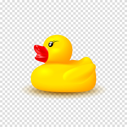 Realistic vector rubber duck. Vector illustration with 3d rubber duck isolated on checkered background. Realistic yellow kid toy.