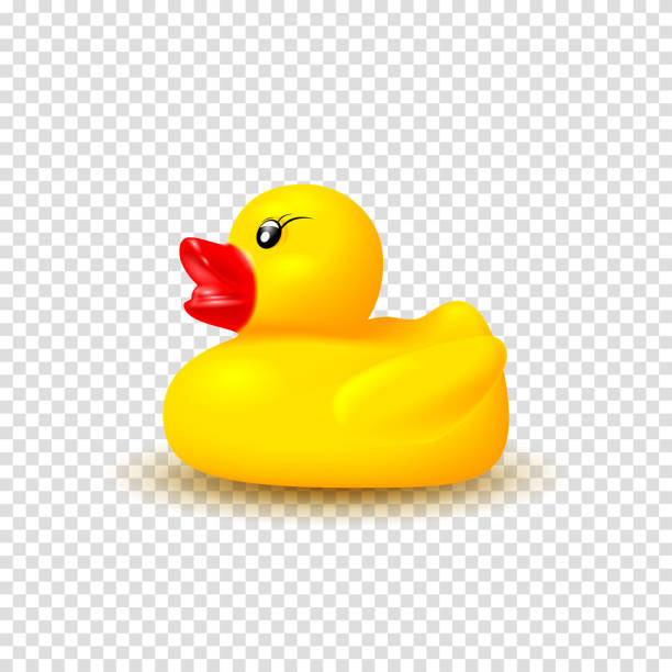 Realistic vector rubber duck Realistic vector rubber duck. Vector illustration with 3d rubber duck isolated on checkered background. Realistic yellow kid toy. duck bird stock illustrations