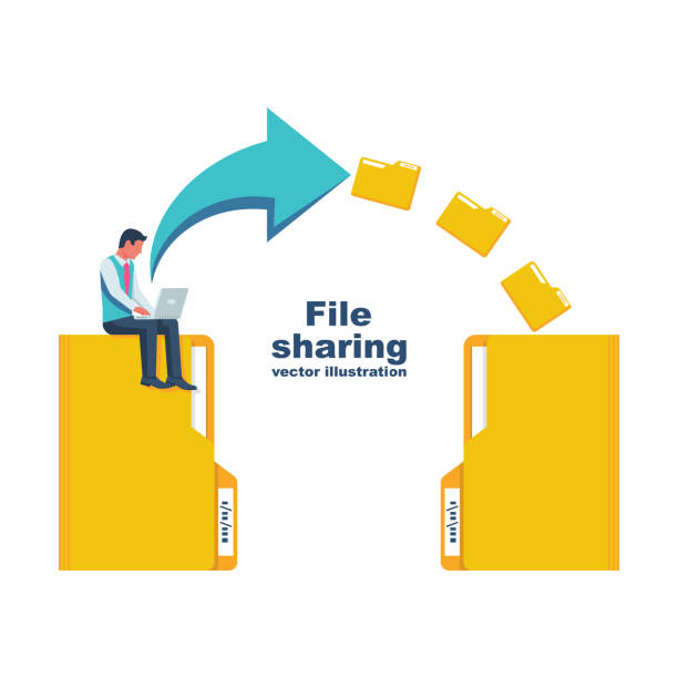 ファイル共有。ドキュメントの転送。ラップトップを持つビジネスマンは、ファイルとフォルダを送信します。 - sharing giving file computer icon点のイラスト素材／クリップアート素材／マンガ素材／アイコン素材