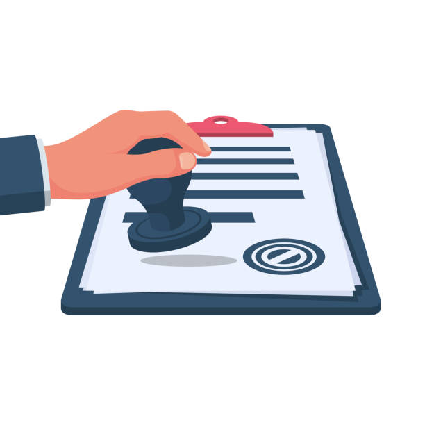 Businessman holds stamping in hand. Hand stamping and clipboard. Businessman holds stamping in hand. Hand stamping and clipboard. Vector illustration flat design. Isolated on white background. Paper work in the office. Document for signature. received stamp stock illustrations