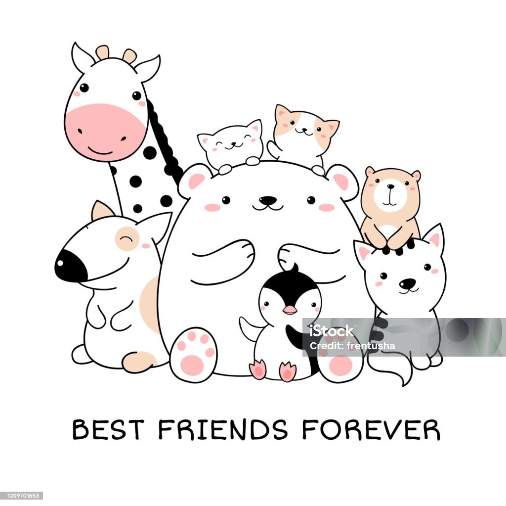 Best Friends Forever Group Of Cute Animals In Kawaii Style Stock  Illustration - Download Image Now - iStock
