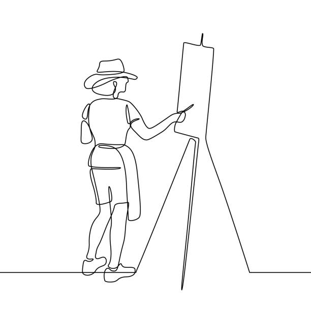 Artist painting picture Painter in continuous line art drawing style. Artist painting picture black linear sketch isolated on white background. Vector illustration paintbrush illustrations stock illustrations