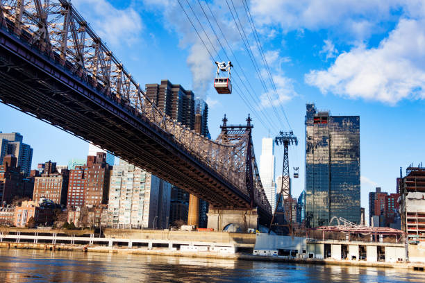 East river with Roosevelt Island tramway system and Ed Koch Queensboro Bridge over New York buildings, NY, USA