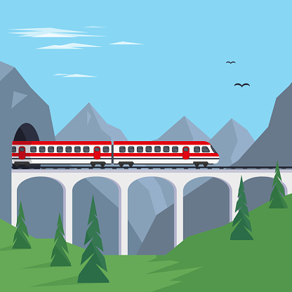 Train on bridge in mountains. Travaling by train concept or banner vector illustration.