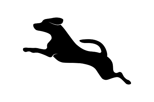 Jumping running dog silhouette isolated on white background. Vector illustration
