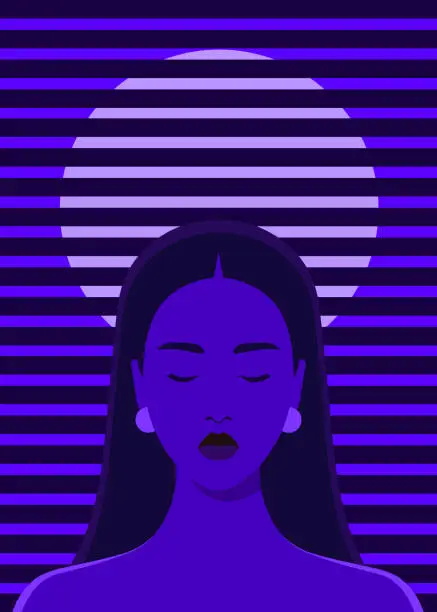 Vector illustration of A young woman stands with her eyes closed behind her night and the full moon. Loneliness and calm