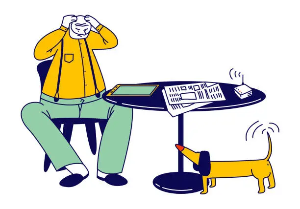 Vector illustration of Desperate Senior Man Holding Head Sitting at Table with Tablet and Wifi Trying to Figure Out with New Technologies. Computer Education for Aged People. Cartoon Flat Vector Illustration, Line Art