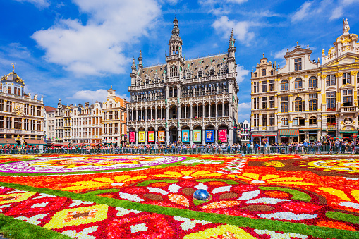 Brussels, Belgium - August 16, 2018: Grand Place during Flower Carpet festival. This year theme was Mexico.