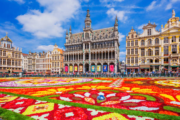 Brussels, Belgium. Brussels, Belgium - August 16, 2018: Grand Place during Flower Carpet festival. This year theme was Mexico. capital region photos stock pictures, royalty-free photos & images