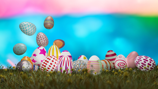 Set of colorful easter eggs on green grass with blurry colorful background. 3D illustration.