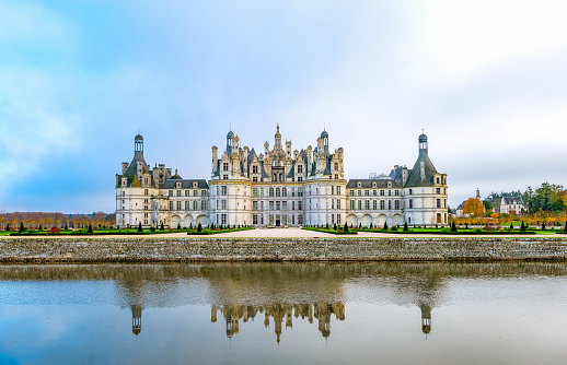 Chambord, France - November 14, 2018: The Chambord castle with reflection on the pond