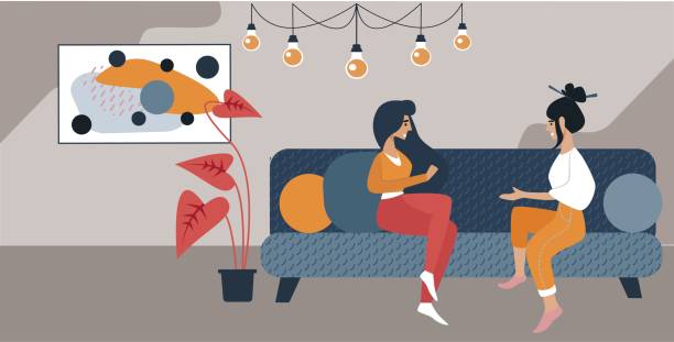 ilustrações, clipart, desenhos animados e ícones de encontro e сonversations melhores amigos, tempo de relaxamento - chandelier residential structure living room sofa