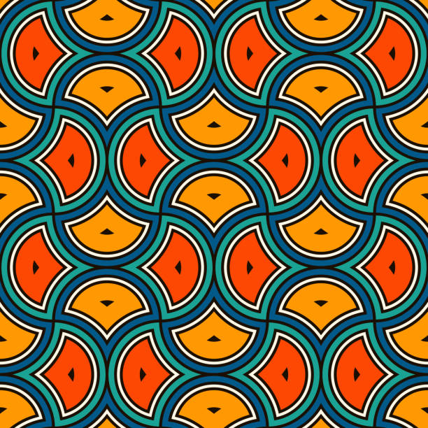 Ethnic tribal affrican seamless pattern. Ogee drop ornament. Repeated maroccan scales mosaic tiles. Scallop shapes motif Ethnic, tribal affrican seamless pattern. Ogee drop ornament. Repeated maroccan scales mosaic tiles. Scallop shapes motif. Bright ornamental background. Abstract geometric digital paper, textile print wax stock illustrations