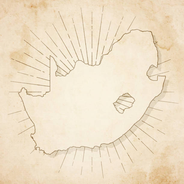 Map of South Africa in a trendy vintage style. Beautiful retro illustration of an antique map with light rays in the background and on old textured paper. Included: Realistic texture of an old parchment (colors used: sepia, beige, brown). Vector illustration (EPS10, well superimposed and grouped). Easy to edit, manipulate, resize or colorize.