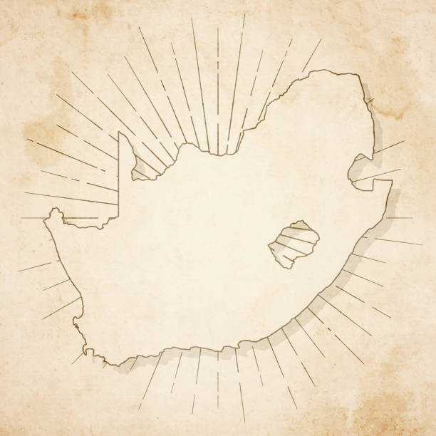 South Africa map in retro vintage style - old textured paper Map of South Africa in a trendy vintage style. Beautiful retro illustration of an antique map with light rays in the background and on old textured paper. Included: Realistic texture of an old parchment (colors used: sepia, beige, brown). Vector illustration (EPS10, well superimposed and grouped). Easy to edit, manipulate, resize or colorize. south africa cape town stock illustrations