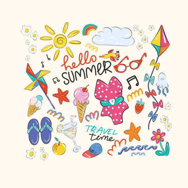 Hello summer. Set of cute icons, hot season.  Cartoon style. Set of summer icons, hot season, cool drinks, swimwear, sea inhabitants, recreation and tourism, diving and beach holidays. Color flat hand drawn vector illustration of vacation time.  Cartoon style. rainbow crab stock illustrations